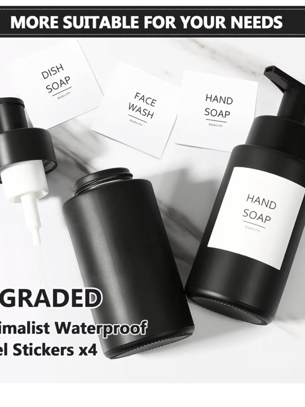 Matte Black Foaming Soap Dispenser Set of TWO 10 oz/300ml Waterproof Labels - Picture 8 of 8